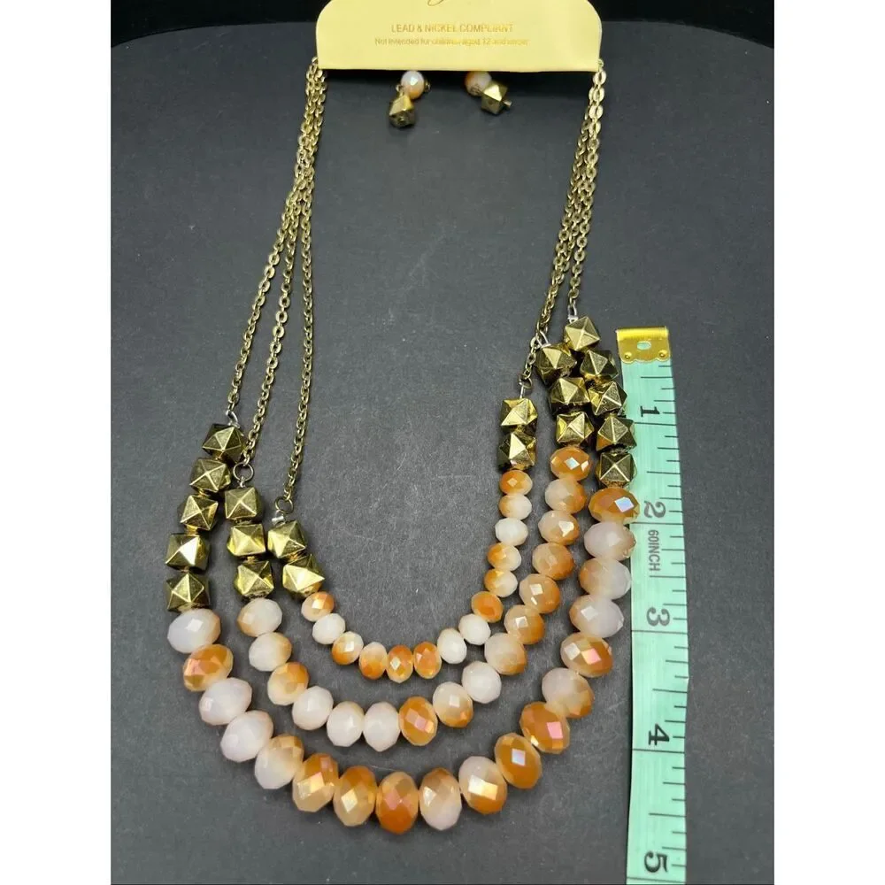 Gold Tone Vintage Style Triple Strand Beaded Statement Necklace w Earring Set